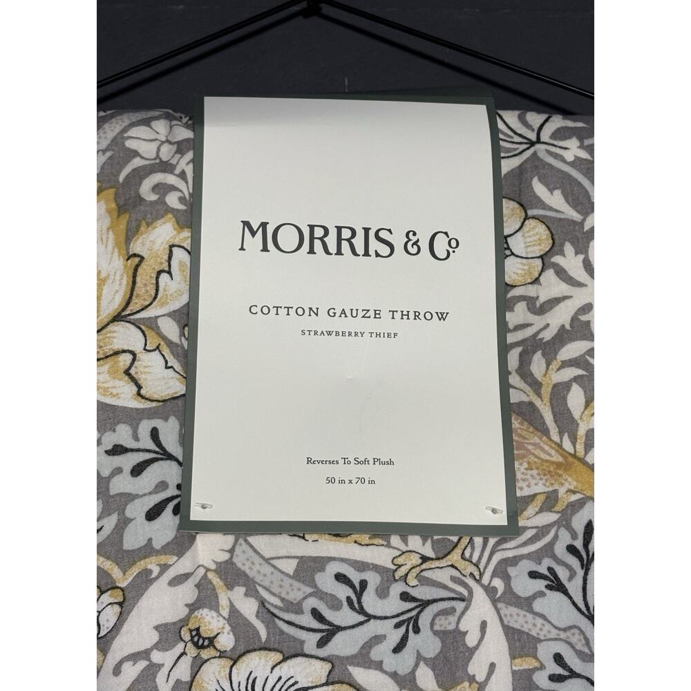 William Morris & Co Strawberry Thief Throw Blanket Cotton Gauze Fleece Grey NWT - Picture 4 of 13